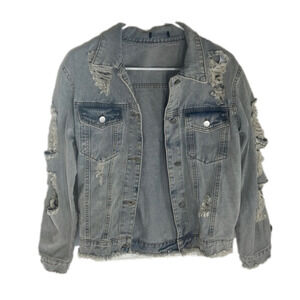 LIGHT wash blue size s oversized distressed button up jean jacket w rips